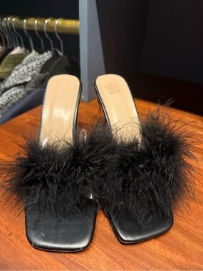 Black Feather Slide Heels - Women's Elegant Mule